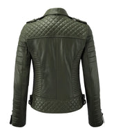 Women Biker Leather Jacket Olive Green freeshipping - SkinOutfit